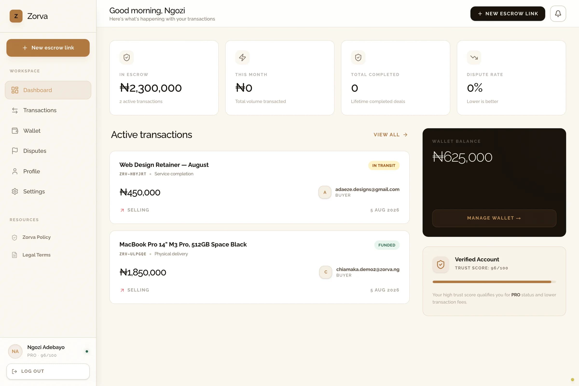 Zorva dashboard showing escrow transactions and their status